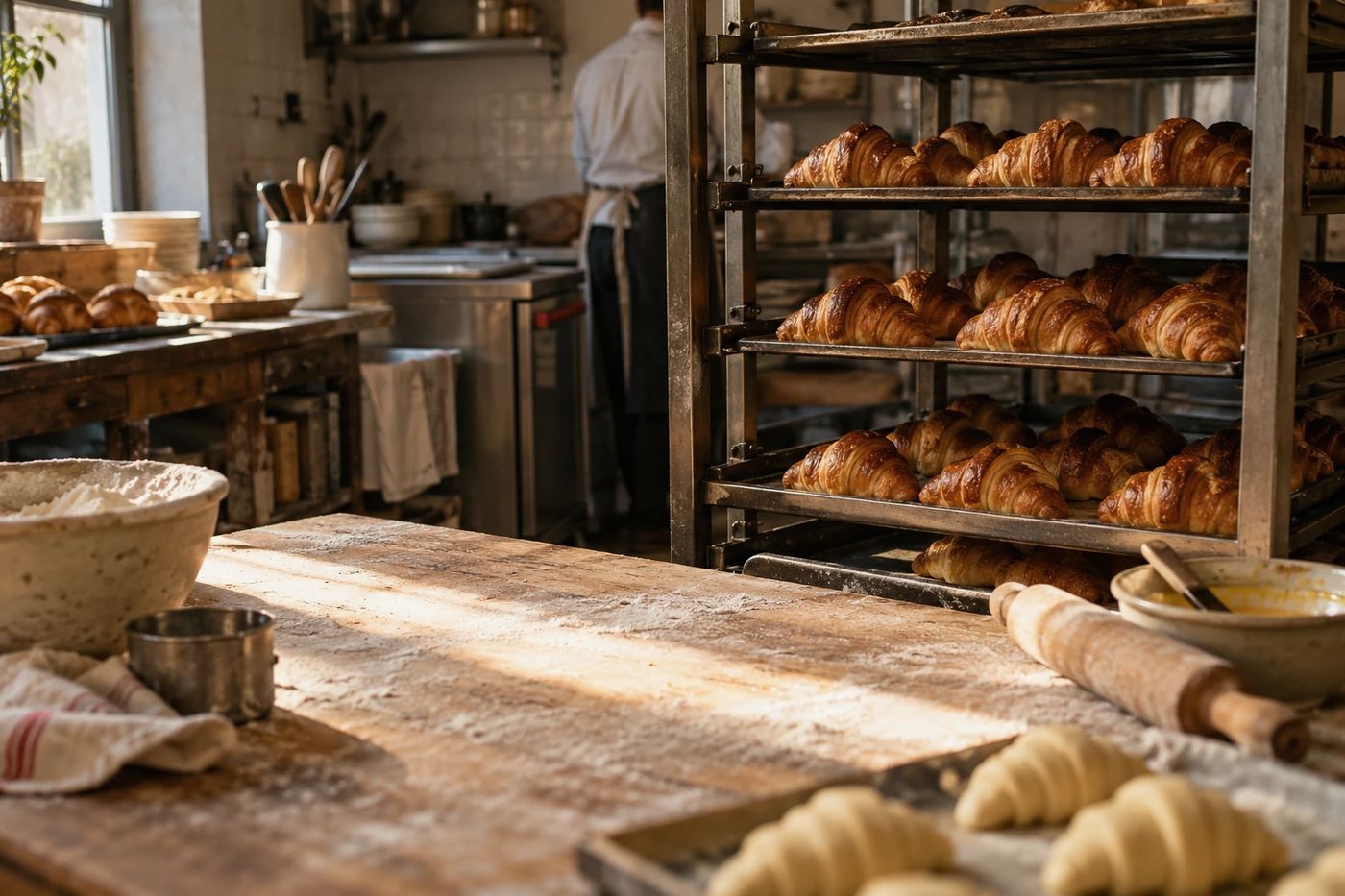 Racks of fresh croissants in a small bakery
