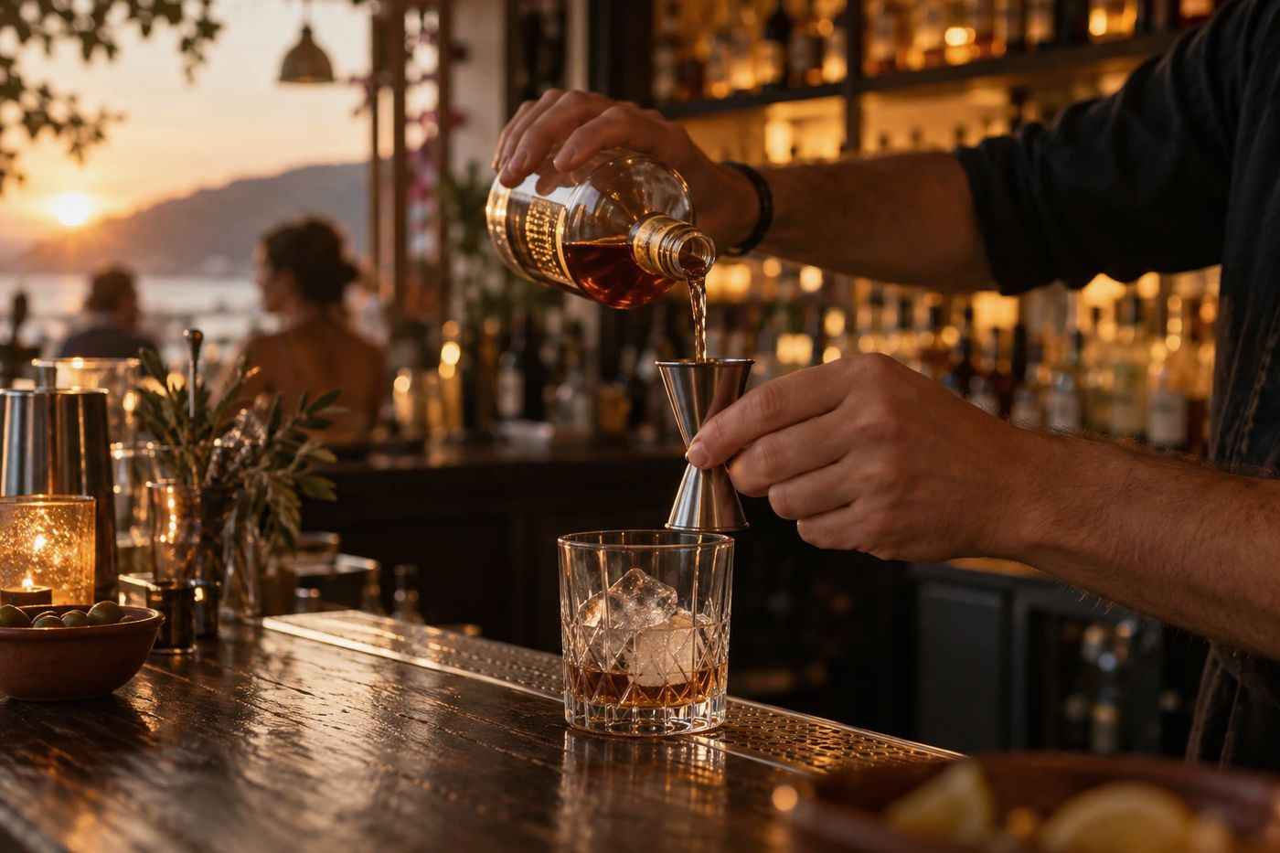 A bartender measuring a spirit with a jigger at a bar