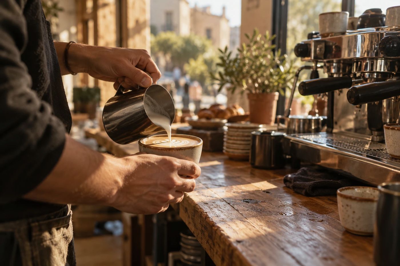 A barista pouring milk into a cappuccino at a cafe counter