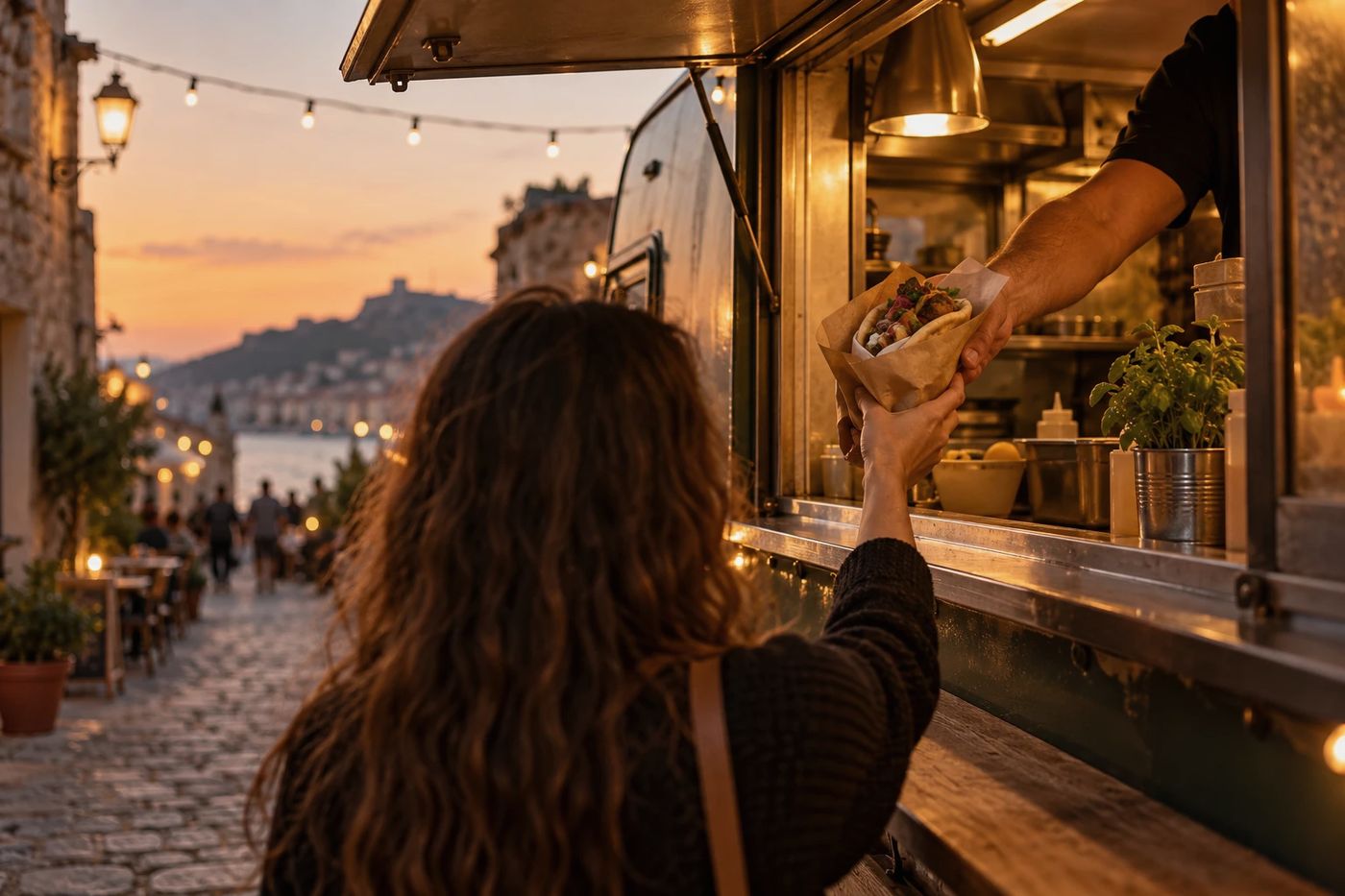 A meal handed through a food truck window at dusk