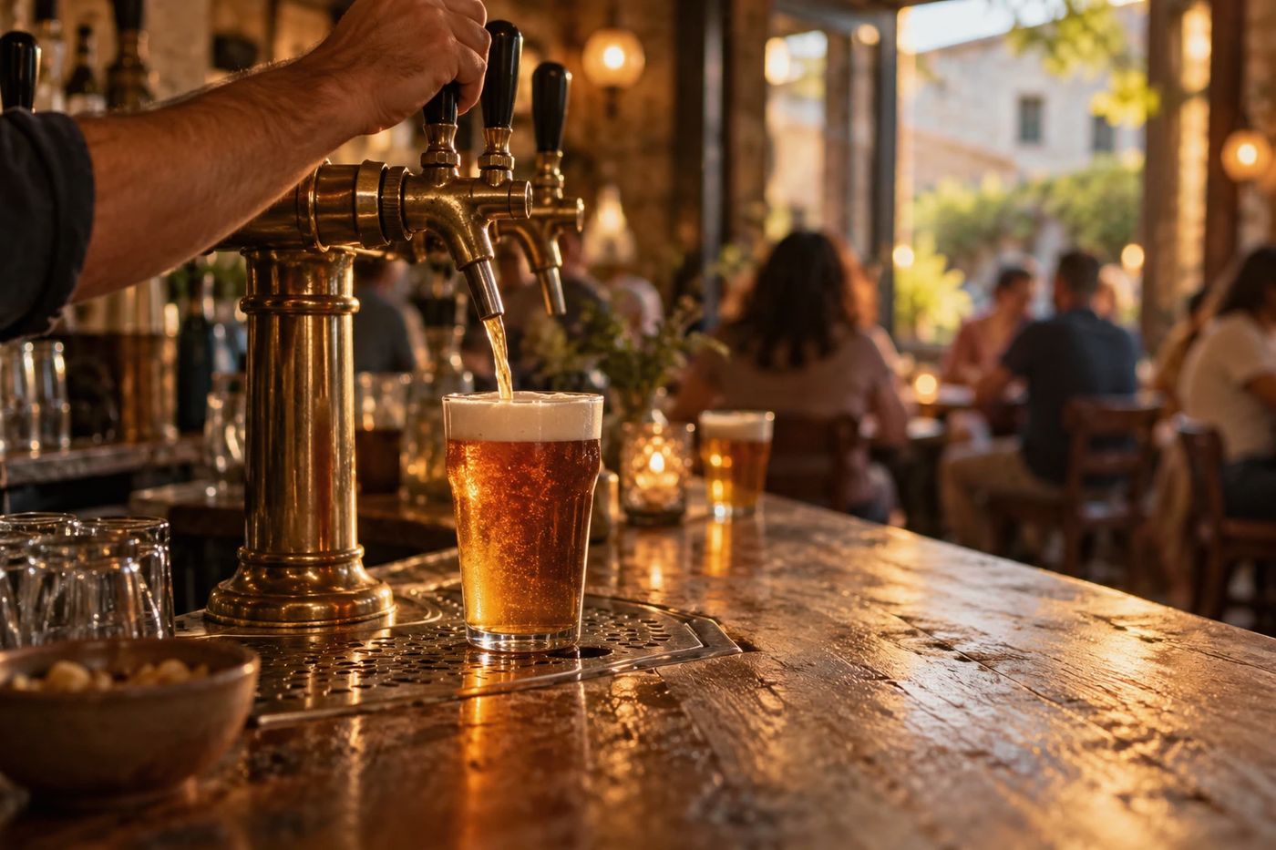 A pint being poured from a brass draught tap in a pub