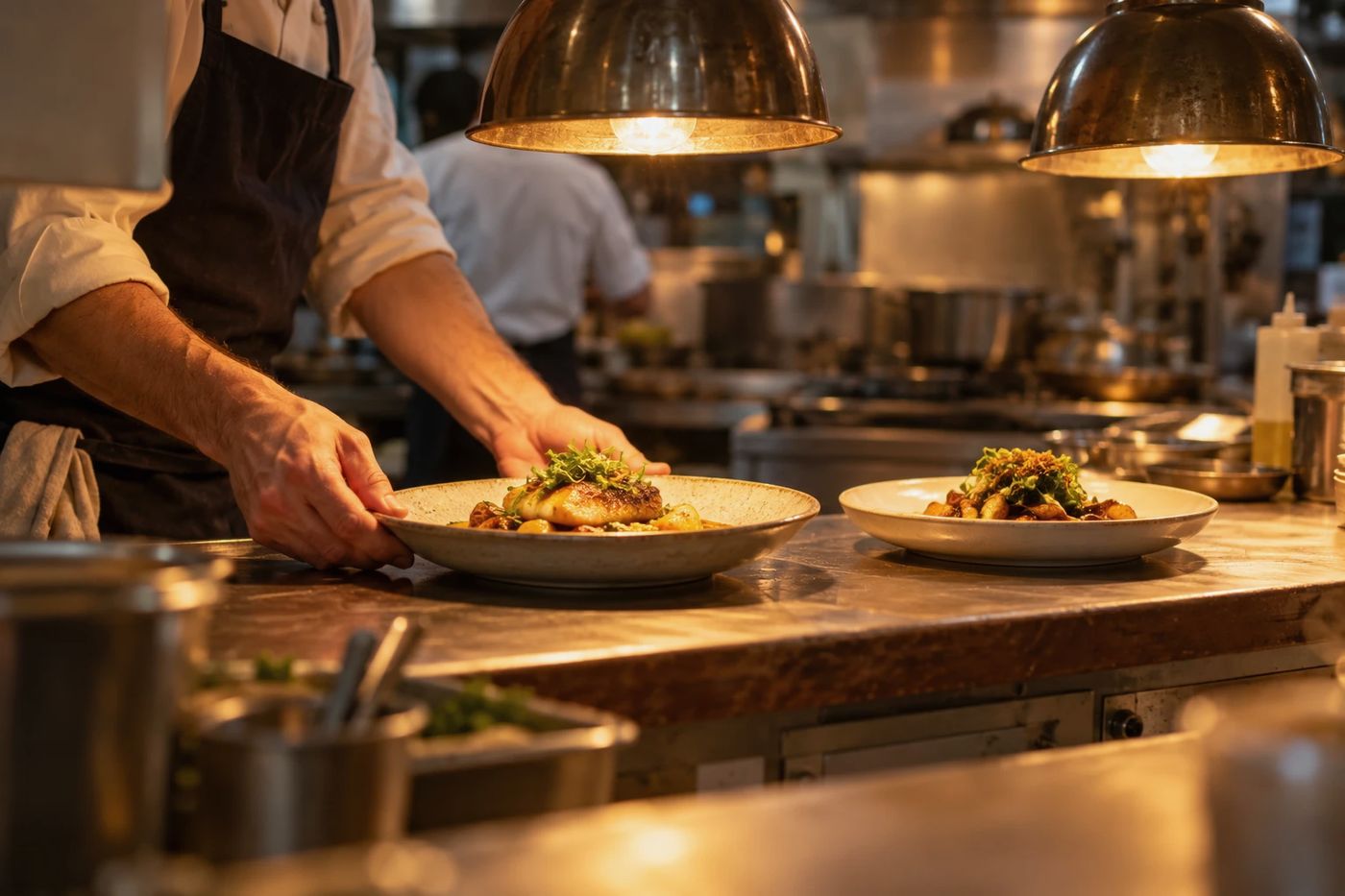 A chef placing a plate on the pass of a restaurant kitchen